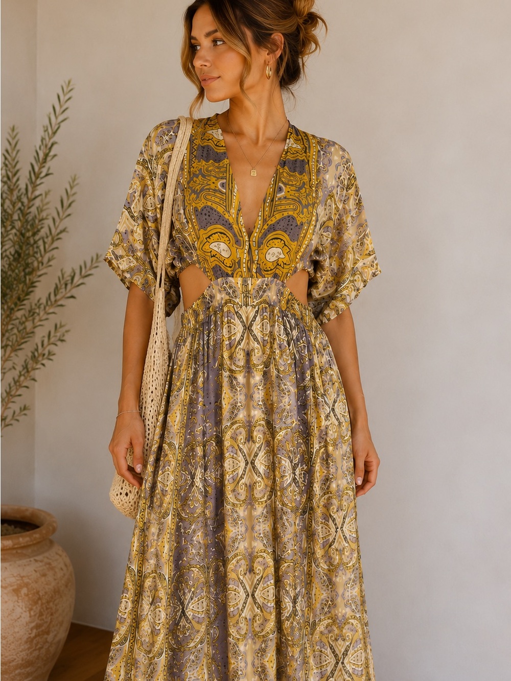 Earthbound Paisley Cutout Maxi Dress – Boho Resort Vacation XL